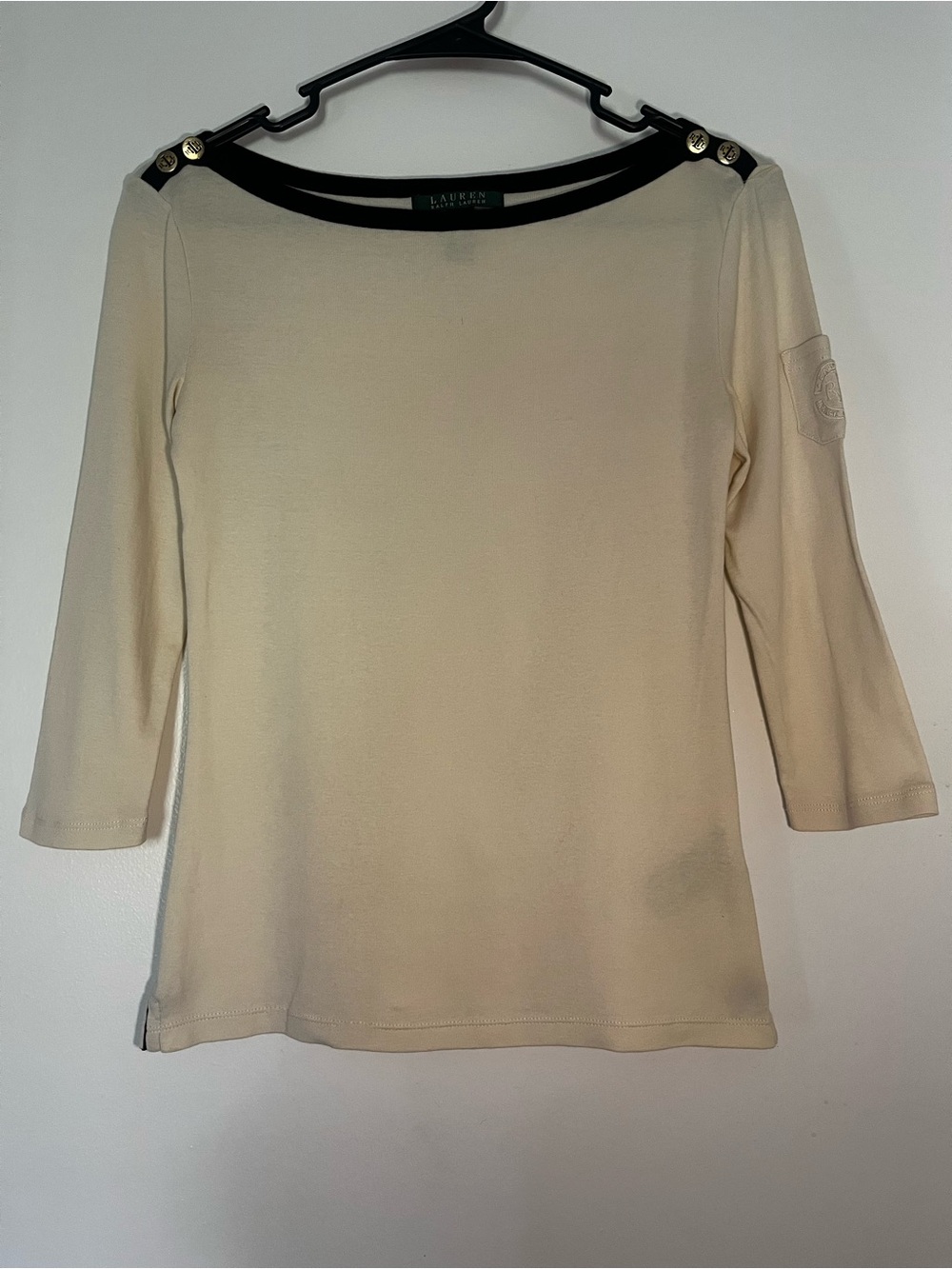 Lauren Ralph Lauren Cream Boatneck Long Sleeve Top with Gold Shoulder Buttons